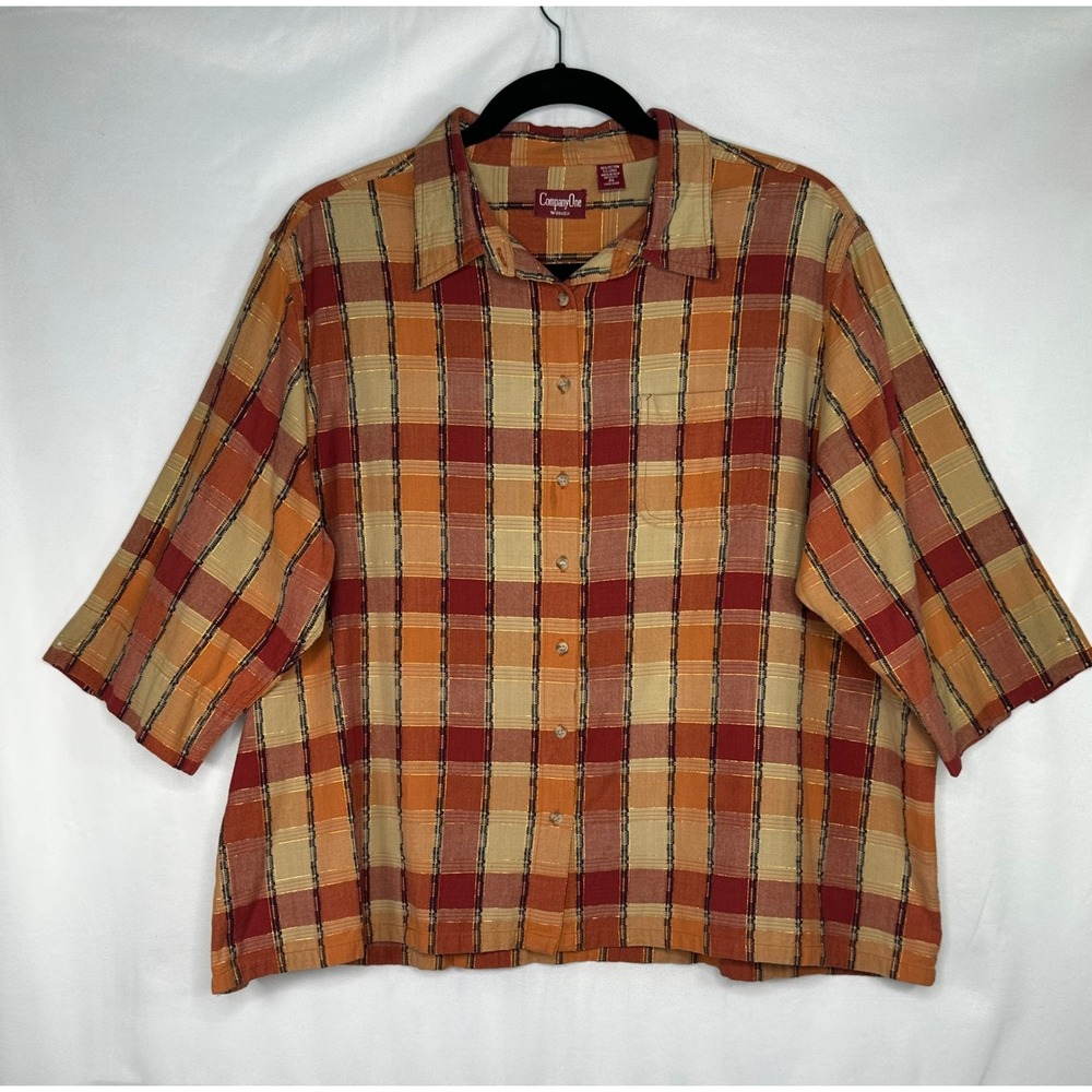 Company One Women 4X Plaid Button Front Shirt Orange Red Gold Lurex Shimmer Top